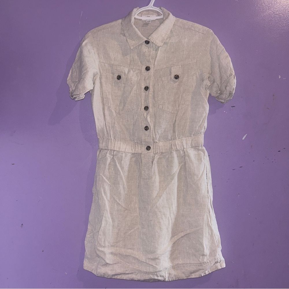 Lord & Taylor Pure Linen Light Beige Short-Sleeve Buttoned Dress